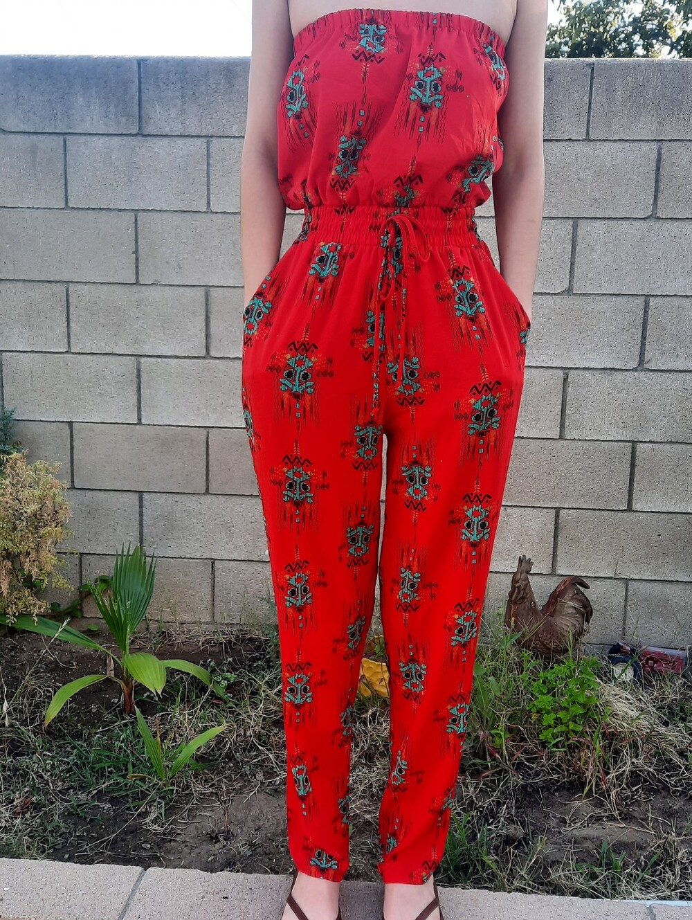 2B bebe Y2K Strapless Southwestern Pattern Jumpsuit Size S Red Made in USA